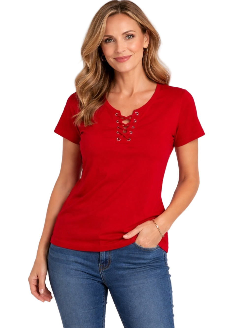 rafaella Red Lace-Up Women's short sleeve Top